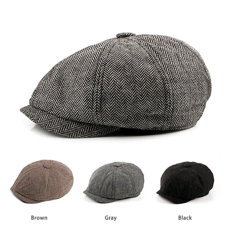 Unisex Retro Tweed Eight-blade Octagonal Painters Herringbone Flat Cap