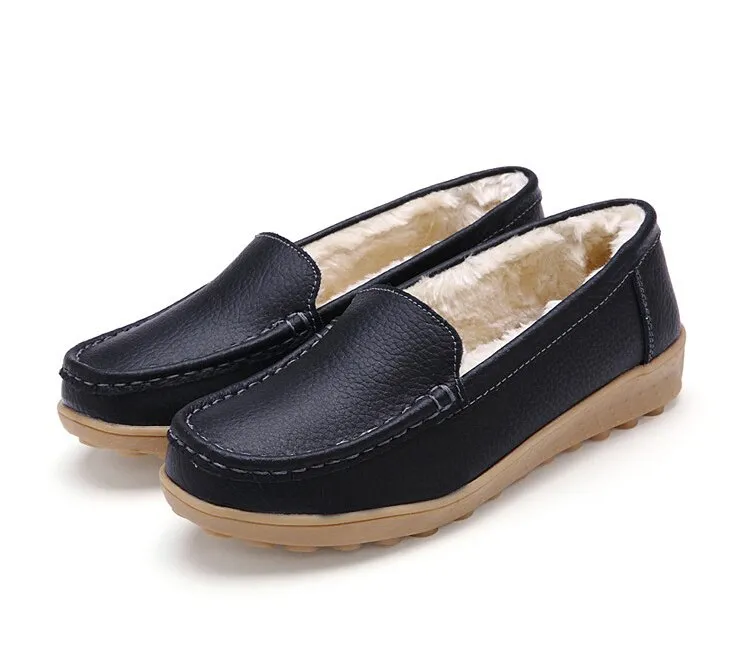 Winter Women's Keep Warm Genuine Leather Plush Flats Loafers Boat Shoes