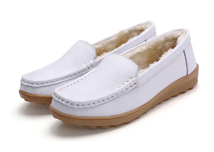 Winter Women's Keep Warm Genuine Leather Plush Flats Loafers Boat Shoes