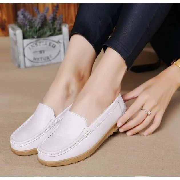 Winter Women's Keep Warm Genuine Leather Plush Flats Loafers Boat Shoes