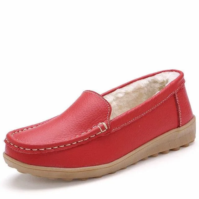 Winter Women's Keep Warm Genuine Leather Plush Flats Loafers Boat Shoes