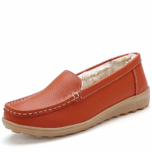 Winter Women's Keep Warm Genuine Leather Plush Flats Loafers Boat Shoes