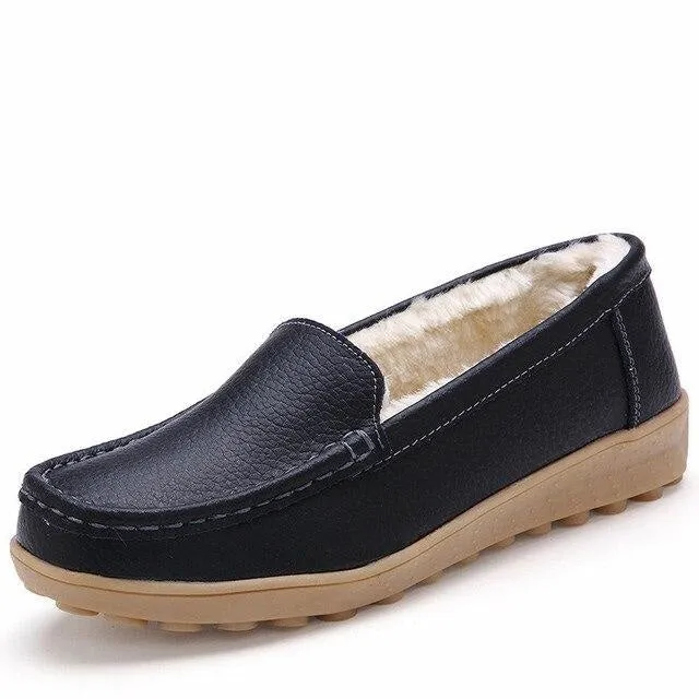 Winter Women's Keep Warm Genuine Leather Plush Flats Loafers Boat Shoes