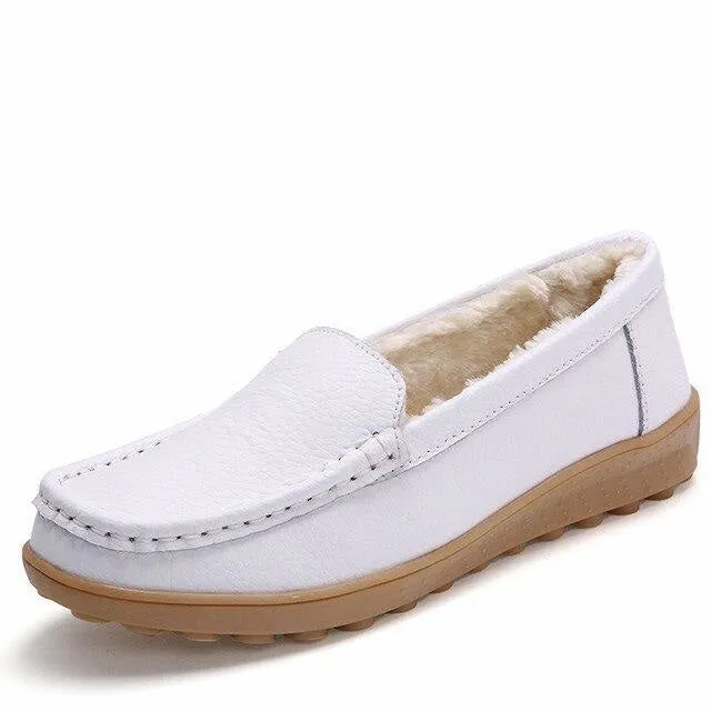 Winter Women's Keep Warm Genuine Leather Plush Flats Loafers Boat Shoes