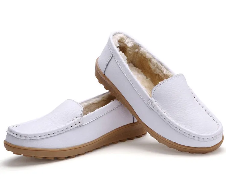 Winter Women's Keep Warm Genuine Leather Plush Flats Loafers Boat Shoes