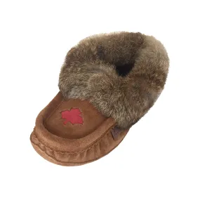 Women's Fleece Lined Brown Suede Maple Leaf Rabbit Fur Moccasins