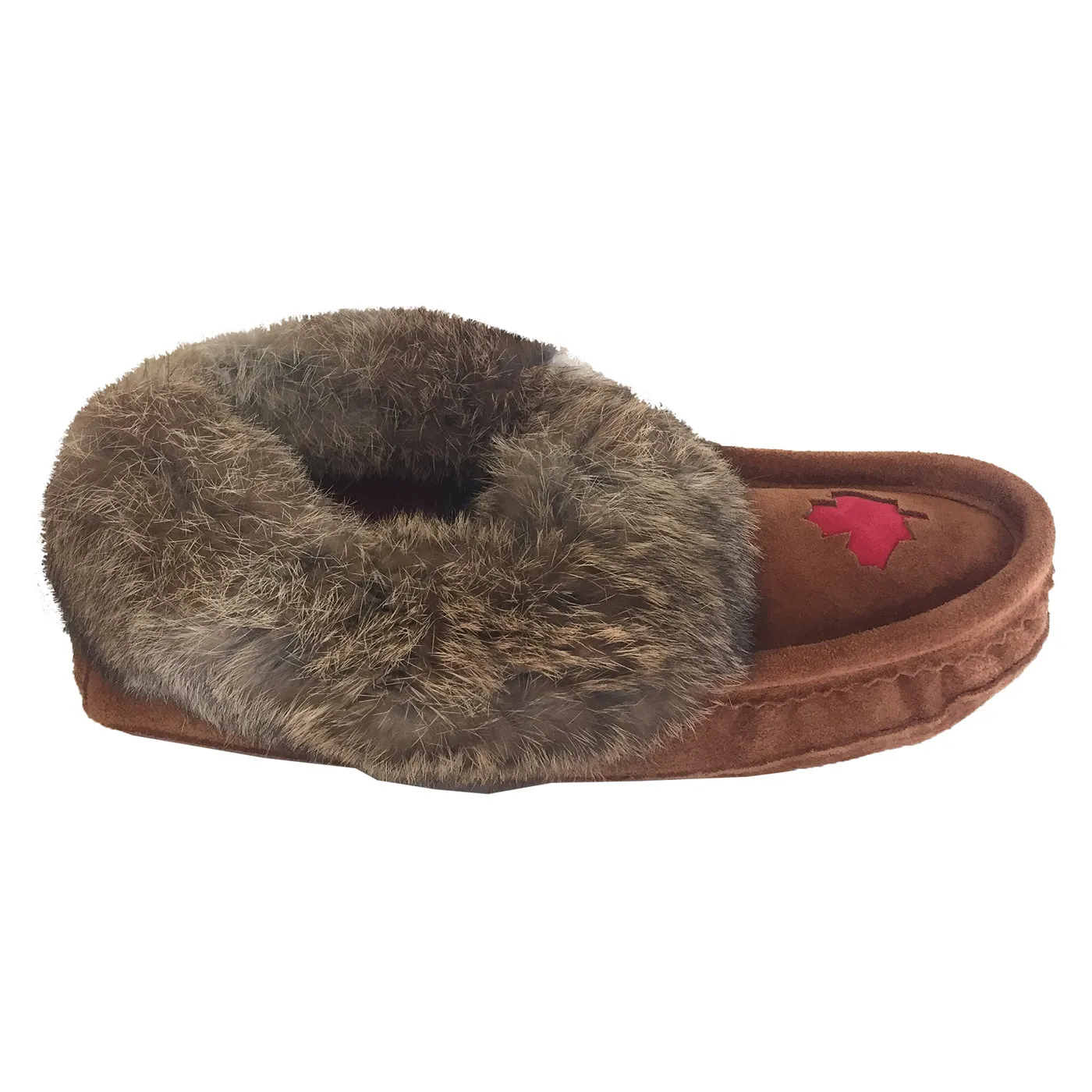 Women's Fleece Lined Brown Suede Maple Leaf Rabbit Fur Moccasins