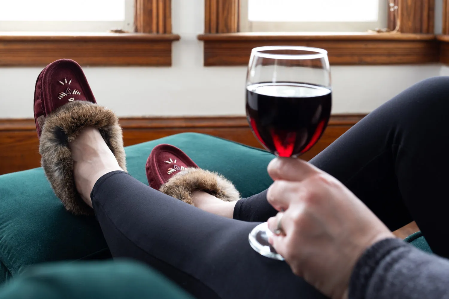 Women's Fleece Lined Rabbit Fur Burgundy Suede Moccasins (Limited Edition)