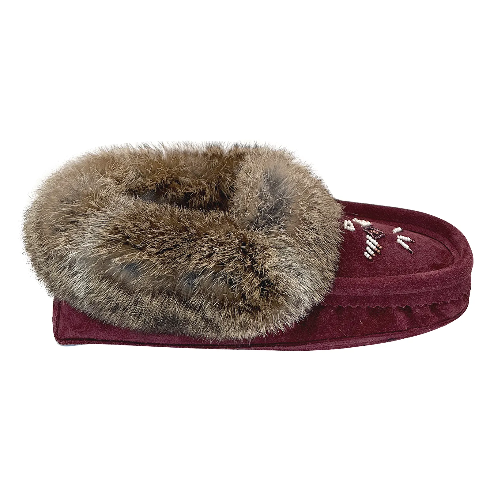 Women's Fleece Lined Rabbit Fur Burgundy Suede Moccasins (Limited Edition)