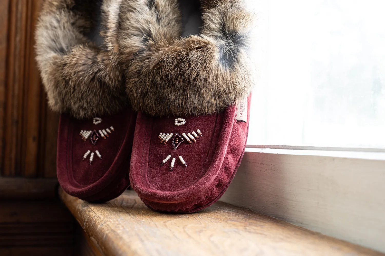 Women's Fleece Lined Rabbit Fur Burgundy Suede Moccasins (Limited Edition)