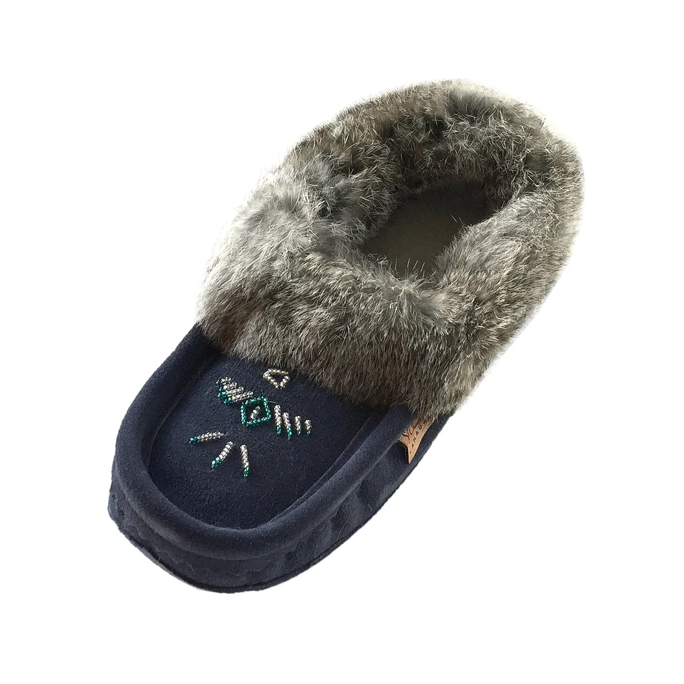 Women's Rabbit Fur Thunderbird Beaded Navy Moccasins