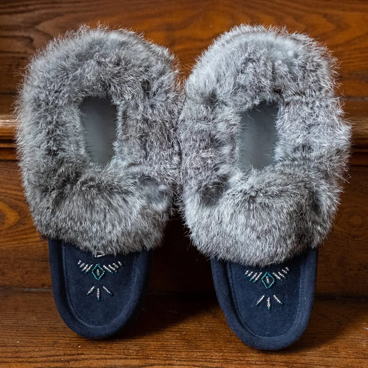 Women's Rabbit Fur Thunderbird Beaded Navy Moccasins