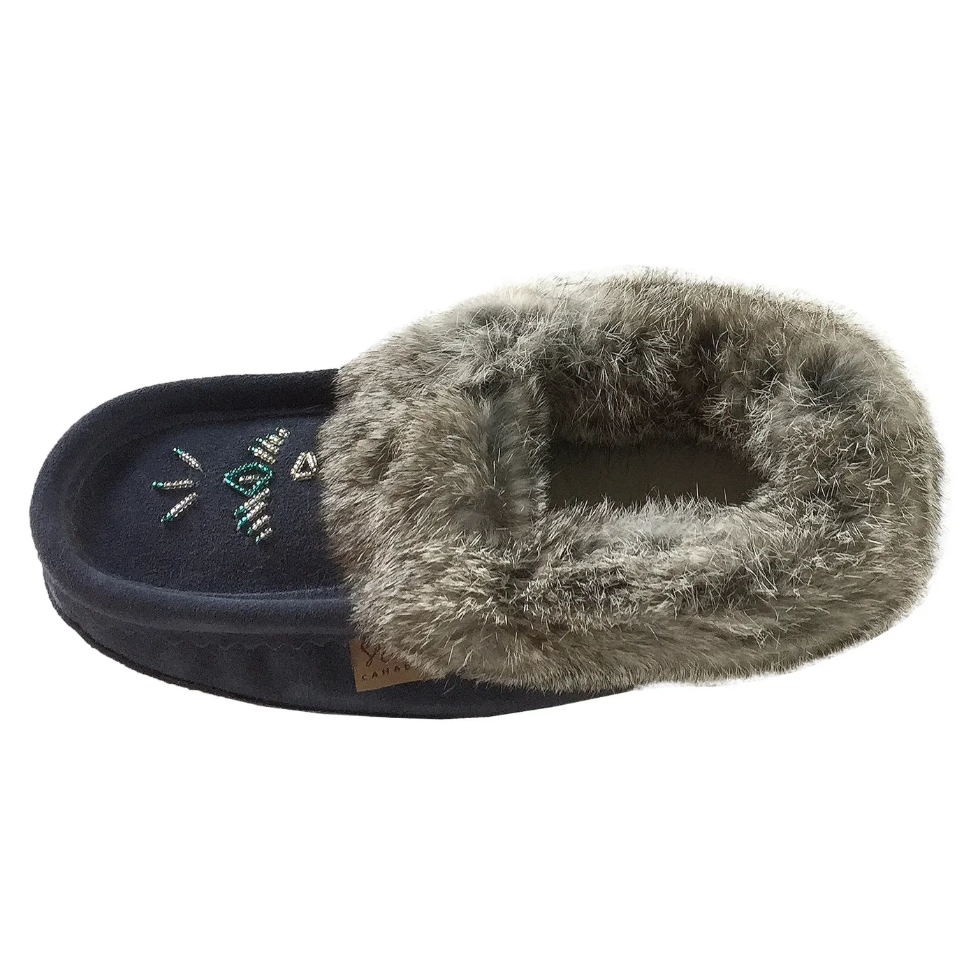 Women's Rabbit Fur Thunderbird Beaded Navy Moccasins