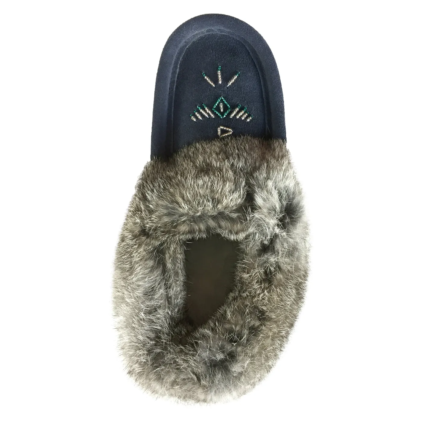 Women's Rabbit Fur Thunderbird Beaded Navy Moccasins