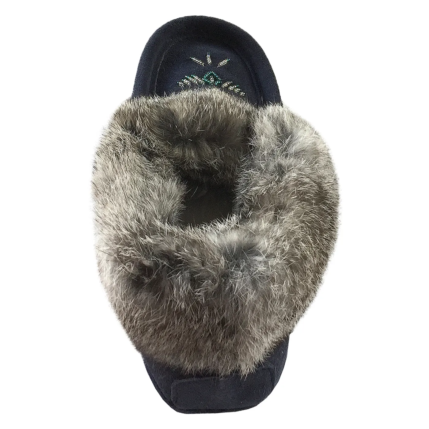 Women's Rabbit Fur Thunderbird Beaded Navy Moccasins